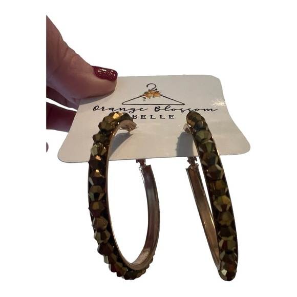 Boutique Bronze Gold 2” Large Rhinestone Hoops Earrings NEW - Picture 4 of 8